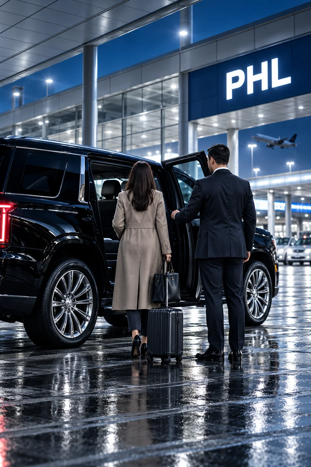Illustrative airport arrival with a chauffeur assisting a traveler beside a black SUV