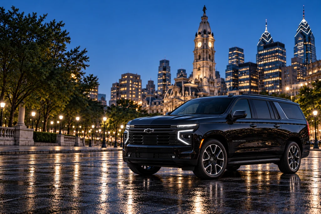 Illustrative black Chevrolet Suburban 2026 RST in a blue-hour Philadelphia city scene